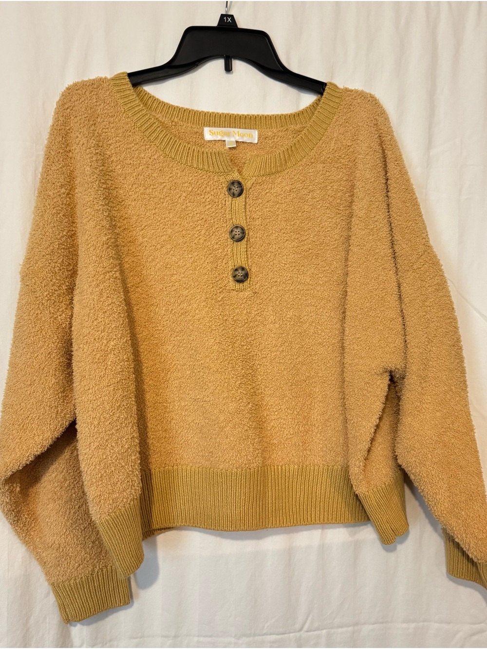 Sugar Moon Mustard Yellow Textured Teddy Knit Henley Sweater - Size XL